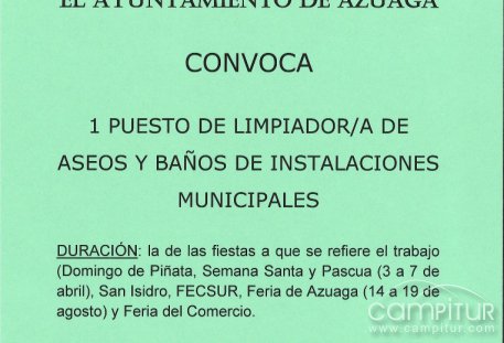 El Ayuntamiento de Azuaga abre el plazo para cubrir un puesto de limpieza en instalaciones municipales durante las fiestas locales